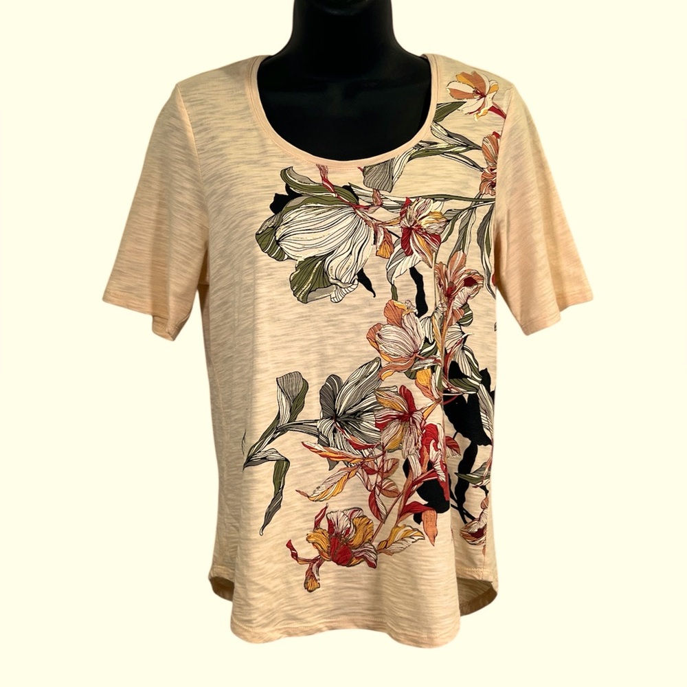 Chico's Peach Cotton Scoop Neck Metallic Tropical Floral Short Sleeve Tee